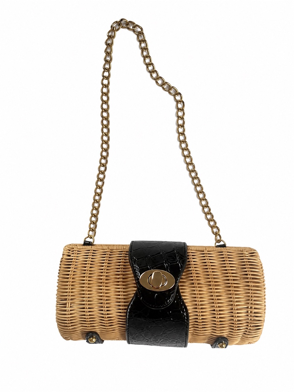 Vintage 90s Poppie Jones Wicker Mini Shoulder Bag Tan Black Faux Croc Clutch